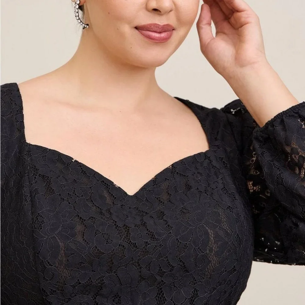 Torrid Top 4X Black Lace Blouse Babydoll Shirt Peplum Sweetheart Plus Size New - Picture 2 of 3